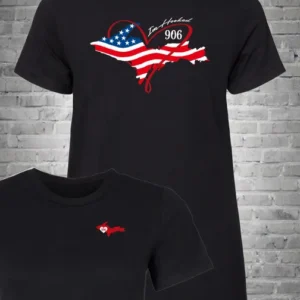 A black t-shirt with an american flag and heart design.