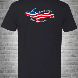 A black t-shirt with an american flag on it.