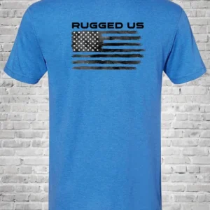 A blue t-shirt with an american flag on it.
