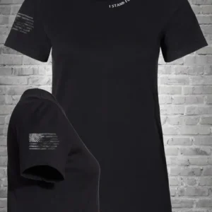 A black t-shirt with a white logo on it.
