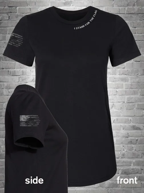 A black t-shirt with a white logo on it.