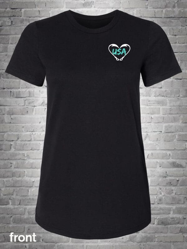 A black t-shirt with a heart on the front.