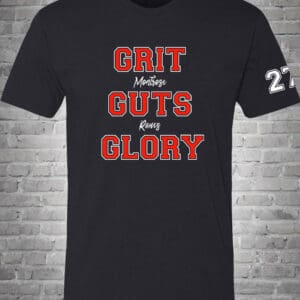 A black t-shirt with the words grit, courage and glory on it.