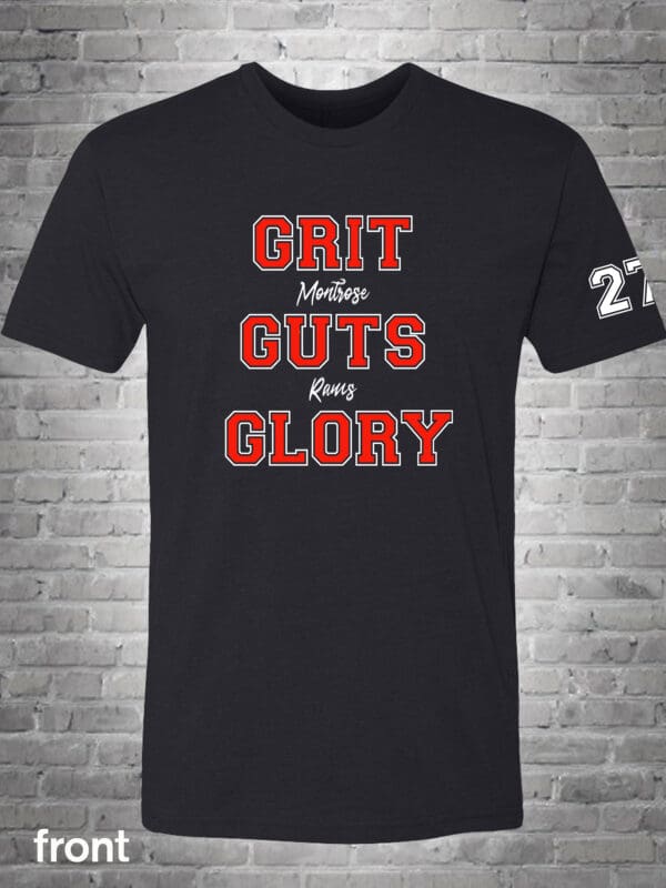 A black t-shirt with the words grit, courage and glory on it.