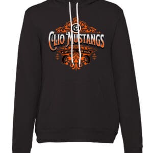 A black hoodie with an orange and white design on it.