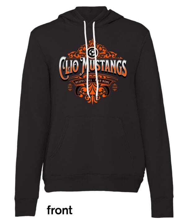 A black hoodie with an orange and white design on it.