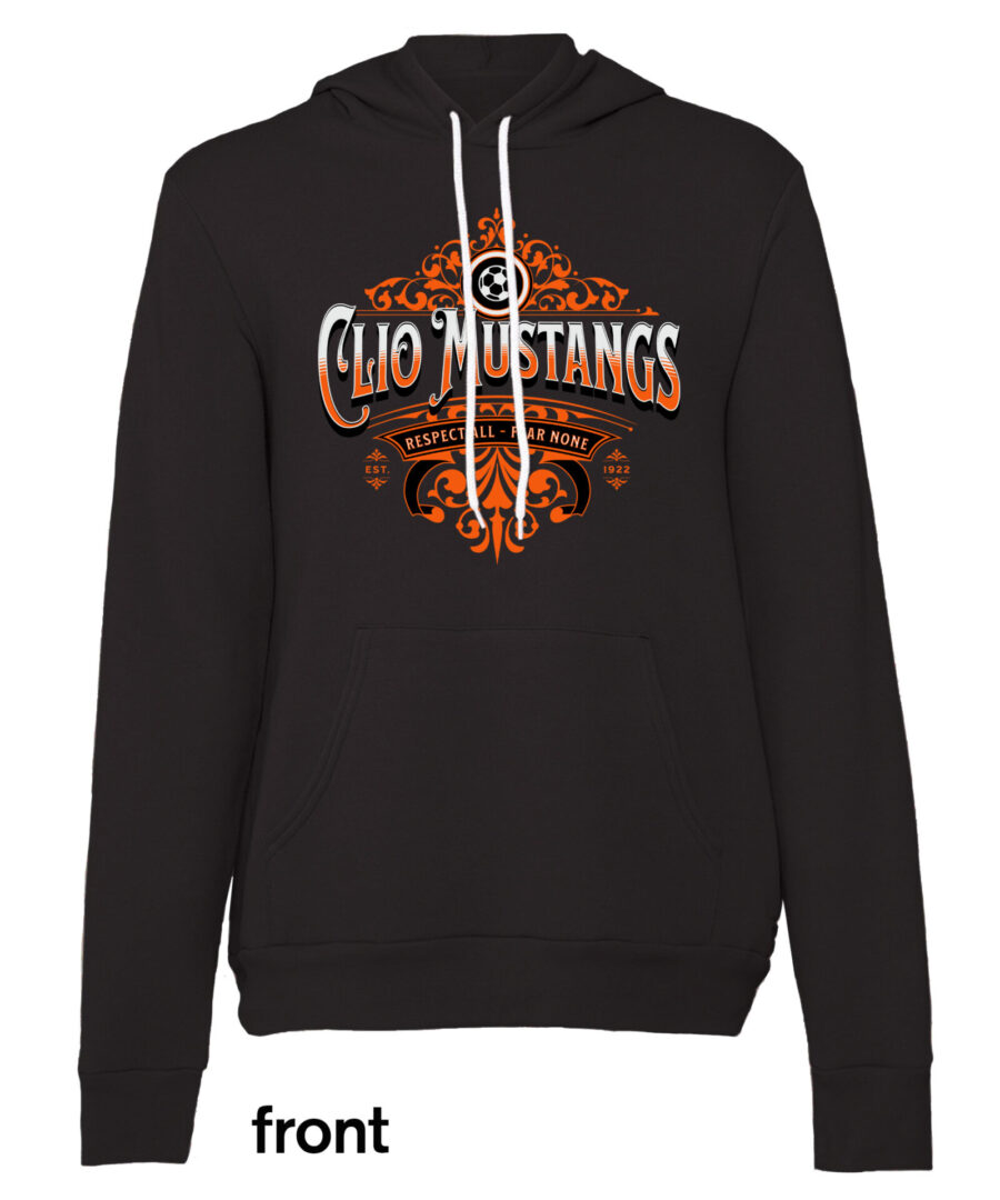 A black hoodie with an orange and white design on it.