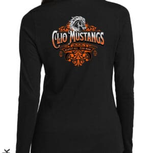 A black long sleeve shirt with an orange and white logo.