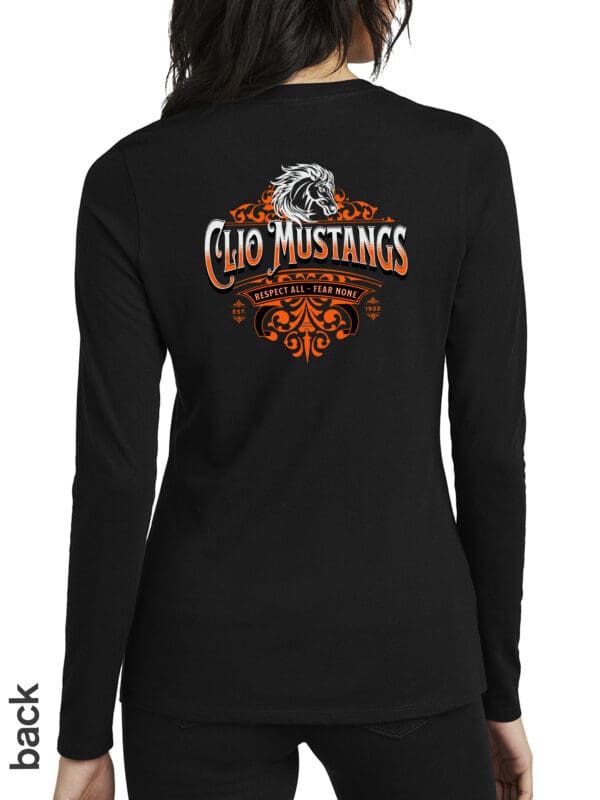 A black long sleeve shirt with an orange and white logo.