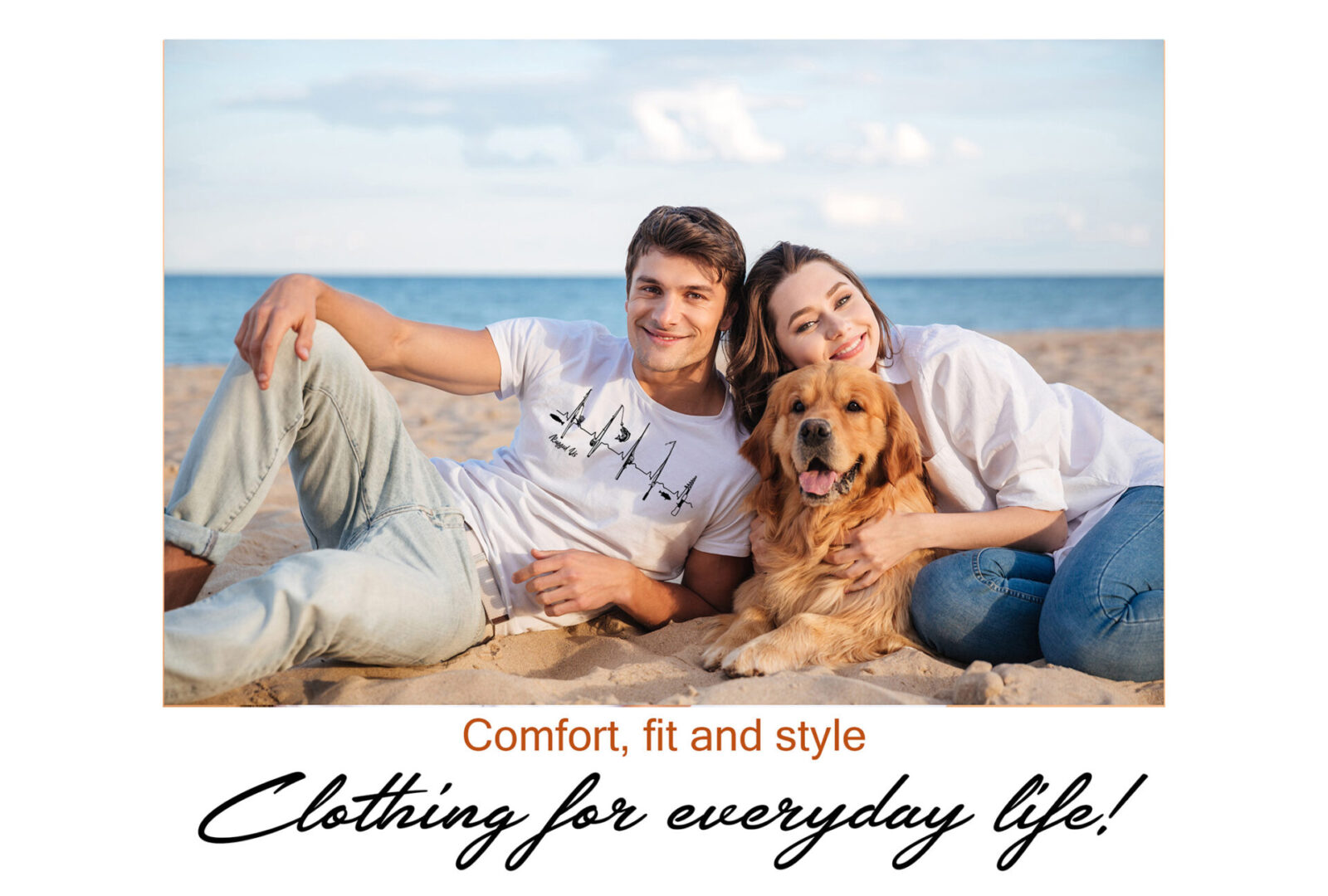 A man and woman sitting on the beach with their dog.