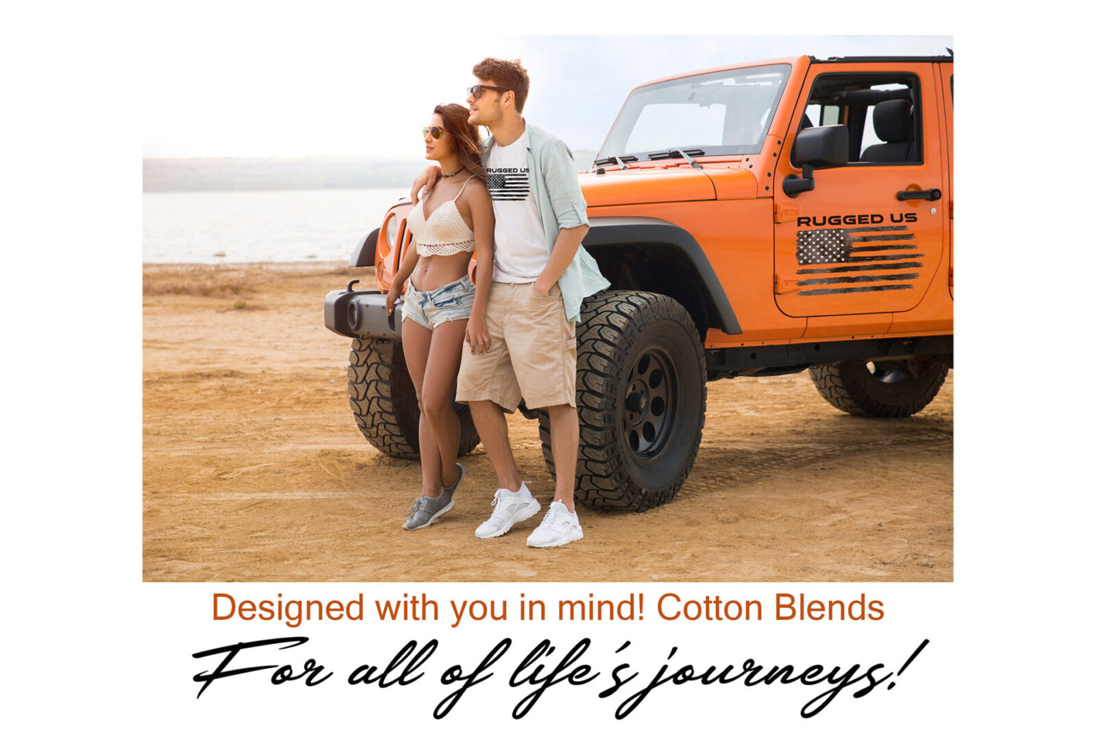 A man and woman standing next to an orange jeep.