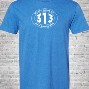 A blue t-shirt with the number 3 1 3 on it.