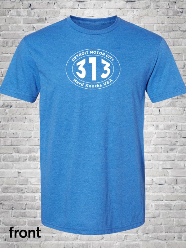 A blue t-shirt with the number 3 1 3 on it.