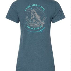 A blue t-shirt with a fish on it