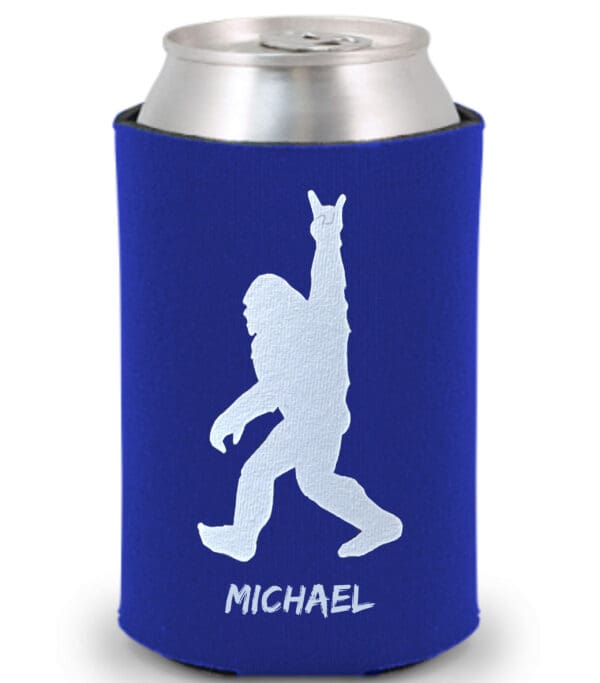 A can holder with an image of a bigfoot.