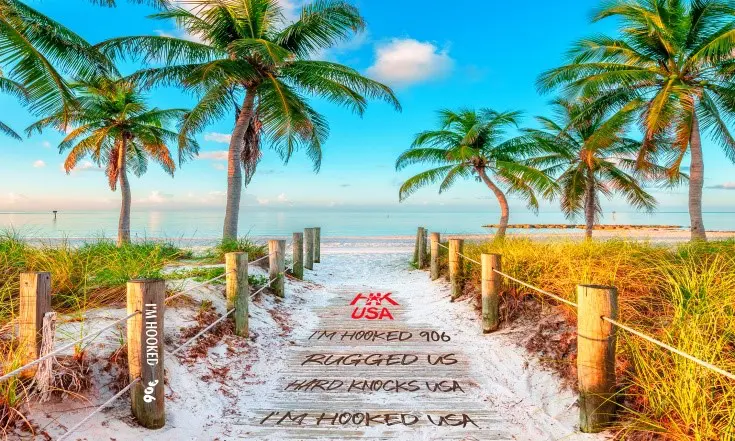 A beach with palm trees and stairs leading to the ocean.